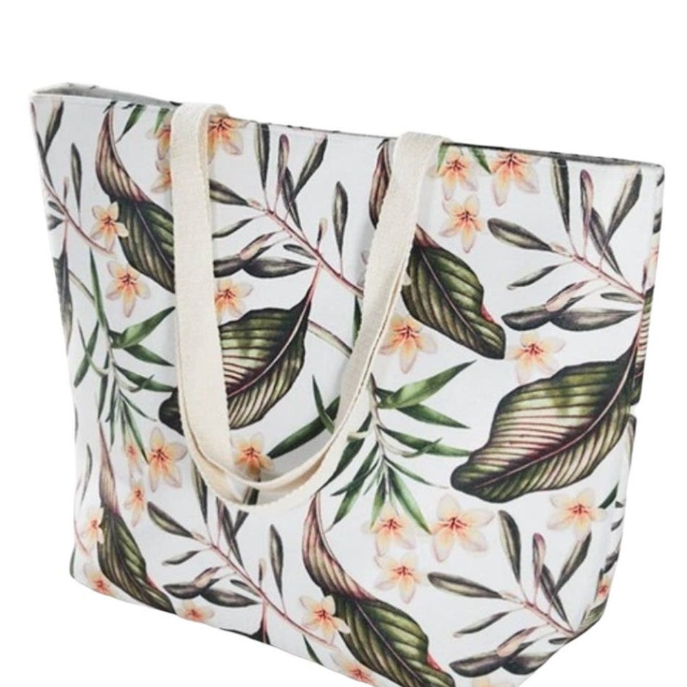 LEAF AND LILY FLOWER PRINT CANVAS OVERSIZED TOTE BAG 21x15